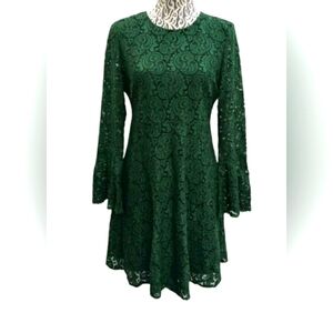 Zara Deep Green Lace Overlay Blue Fit & Flare Midi Longsleeve Dress Bell Sleeves